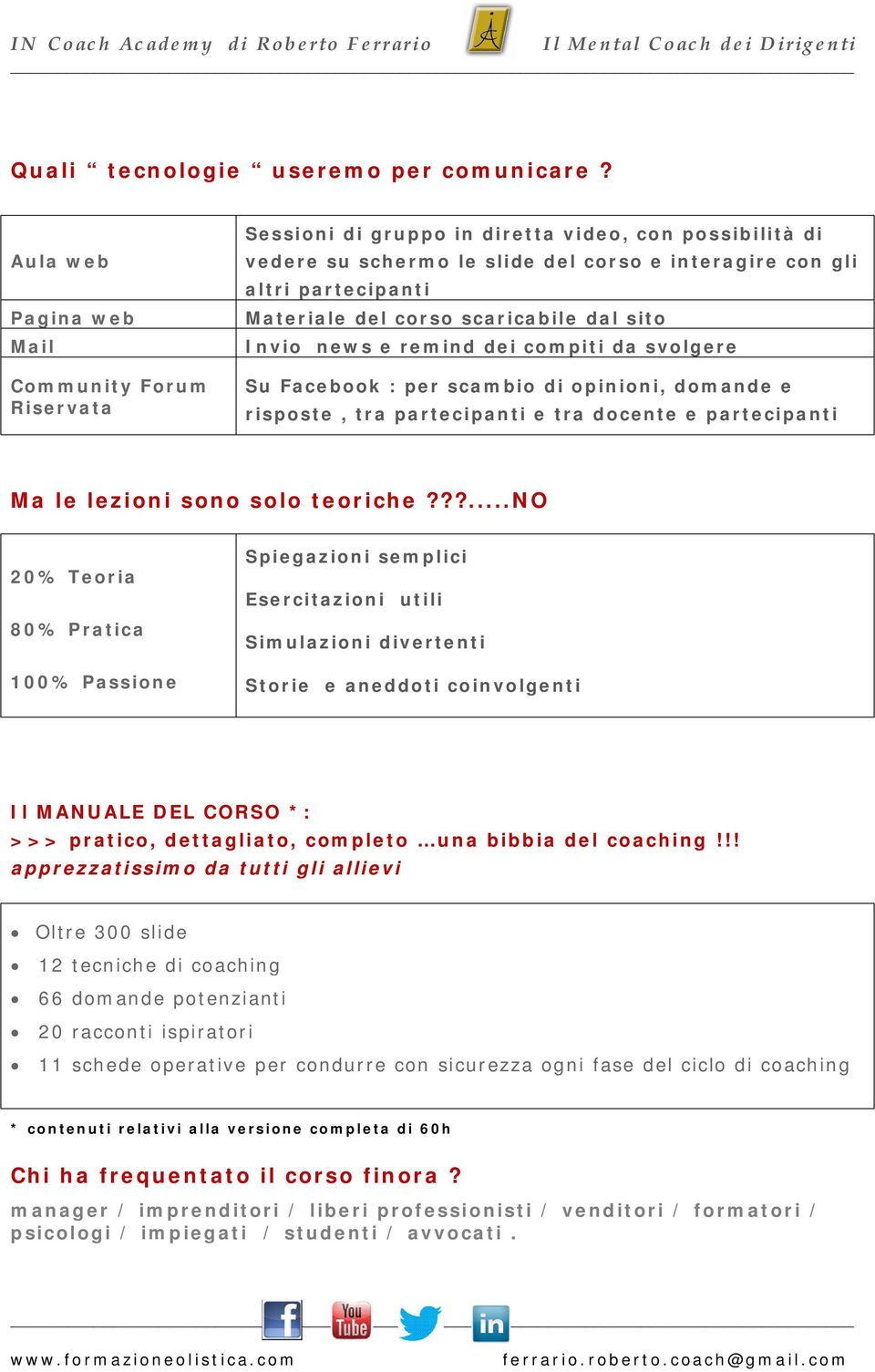 corso scaricabile dal sito Invio news e remind dei compiti da svolgere Su Facebook : per scambio di opinioni, domande e risposte, tra partecipanti e tra docente e partecipanti Ma le lezioni sono solo