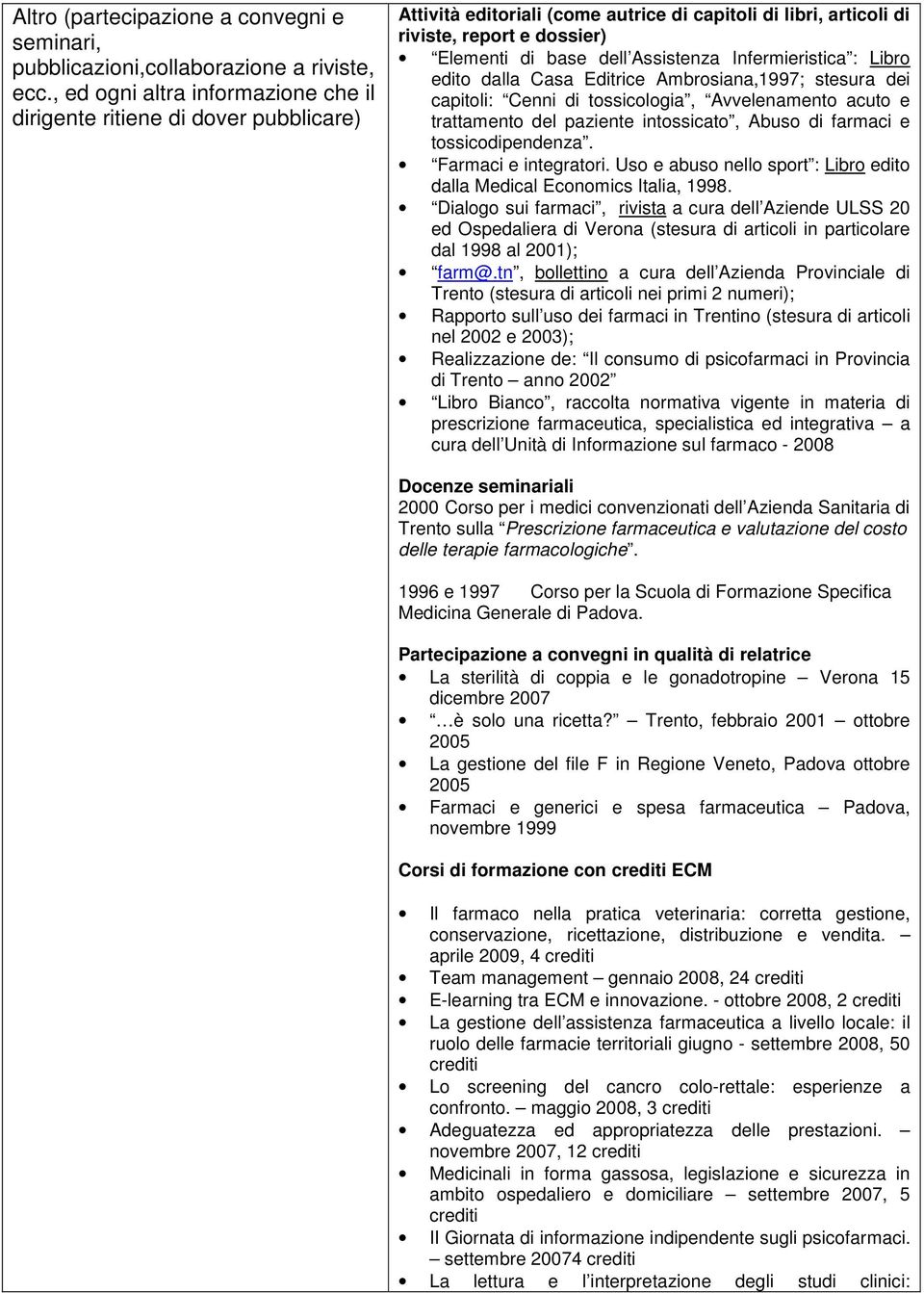 Assistenza Infermieristica : Libro edito dalla Casa Editrice Ambrosiana,1997; stesura dei capitoli: Cenni di tossicologia, Avvelenamento acuto e trattamento del paziente intossicato, Abuso di farmaci