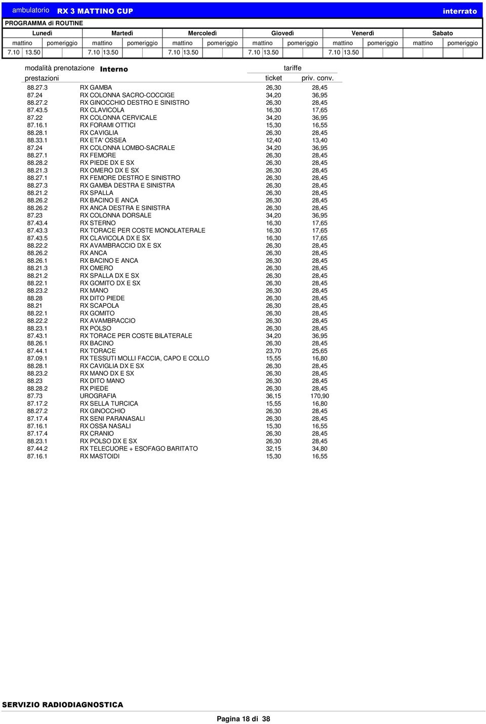 24 RX COLONNA LOMBO-SACRALE 34,20 36,95 88.27.1 RX FEMORE 26,30 28,45 88.28.2 RX PIEDE DX E SX 26,30 28,45 88.21.3 RX OMERO DX E SX 26,30 28,45 88.27.1 RX FEMORE DESTRO E SINISTRO 26,30 28,45 88.27.3 RX GAMBA DESTRA E SINISTRA 26,30 28,45 88.