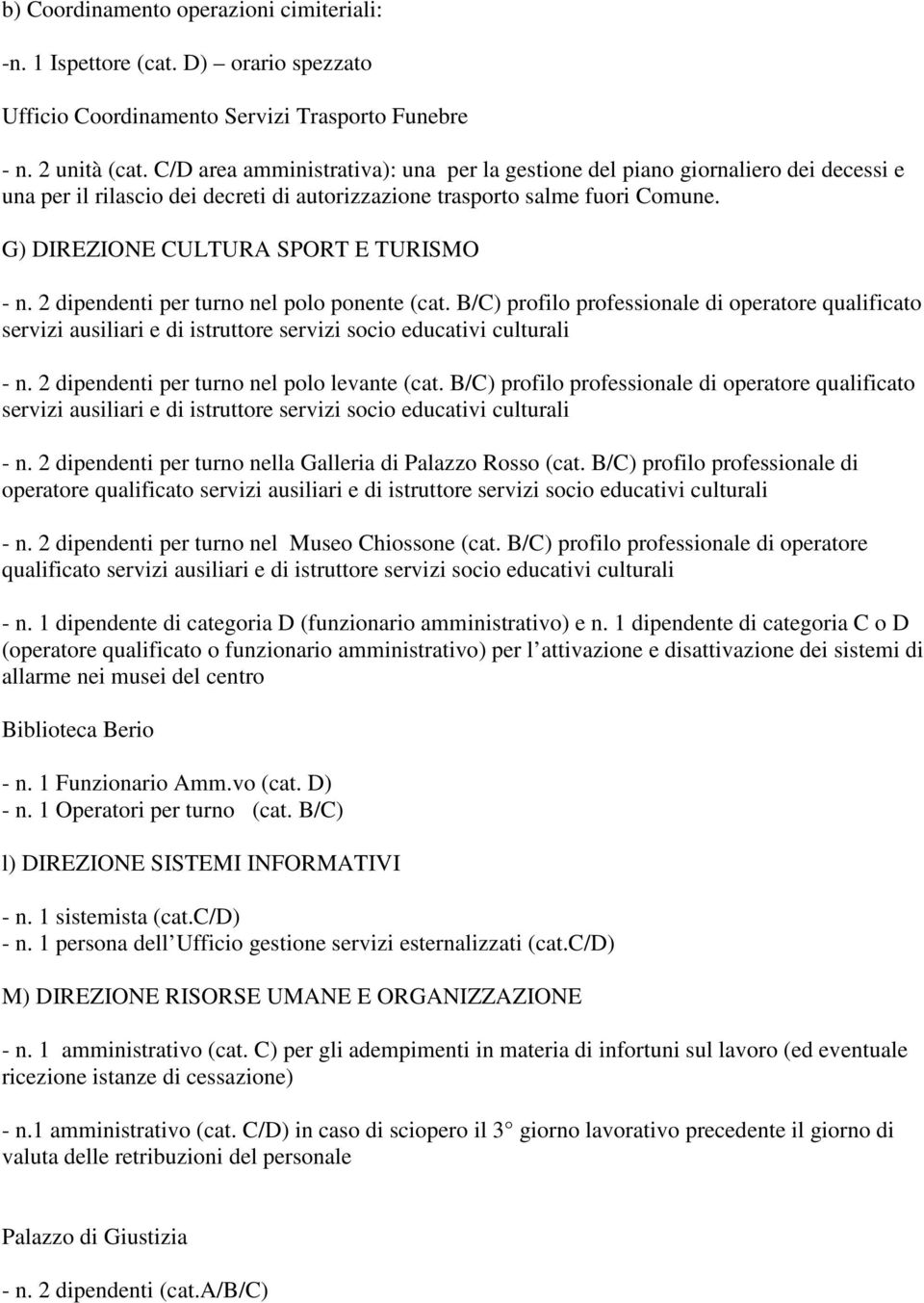 G) DIREZIONE CULTURA SPORT E TURISMO - n. 2 dipendenti per turno nel polo ponente (cat.