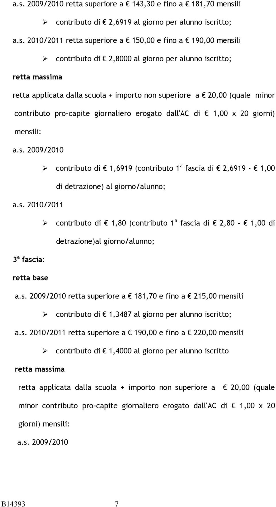 mensili: a.s. 2009/2010 contributo di 1,6919 (contributo 1 a fascia di 2,6919-1,00 di detrazione) al giorno/alunno; a.s. 2010/2011 contributo di 1,80 (contributo 1 a fascia di 2,80-1,00 di detrazione)al giorno/alunno; 3 a fascia: retta base a.