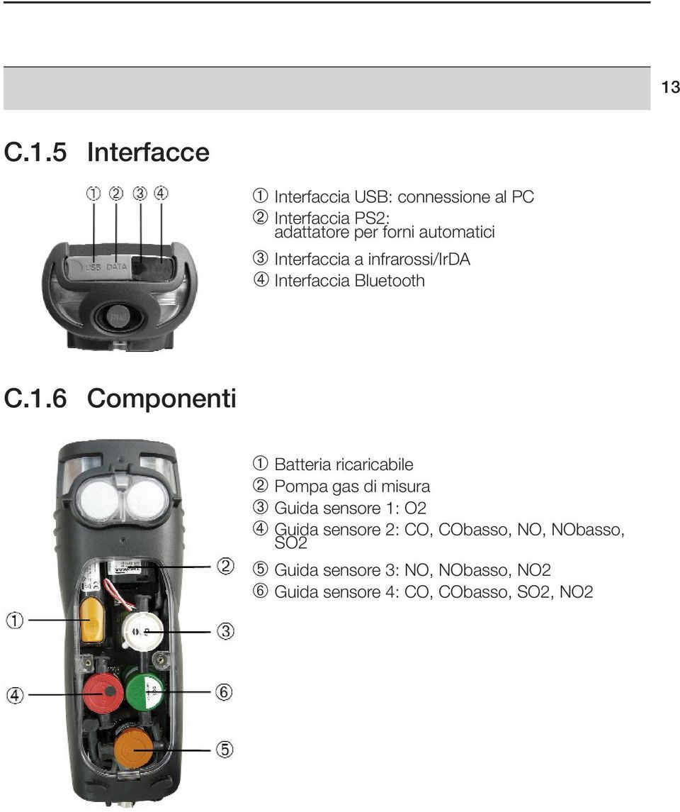 6 Componenti ➀ Batteria ricaricabile ➁ Pompa gas di misura ➂ Guida sensore 1: O2 ➃ Guida