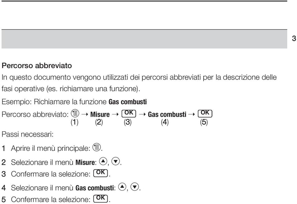 Esempio: Richiamare la funzione Gas combusti Percorso abbreviato: Misure OK Gas combusti OK (1) (2) (3) (4) (5)