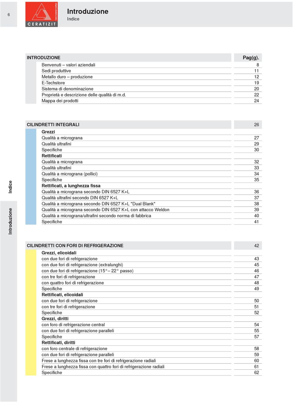 produttive 11 Metallo duro produzione 12 E-Techstore 19 Sistema di denominazione 20 Proprietà e descrizione delle qualità di m.d. 22 Mappa dei prodotti 24 Indice Introduzione CILINDRETTI INTEGRALI 26