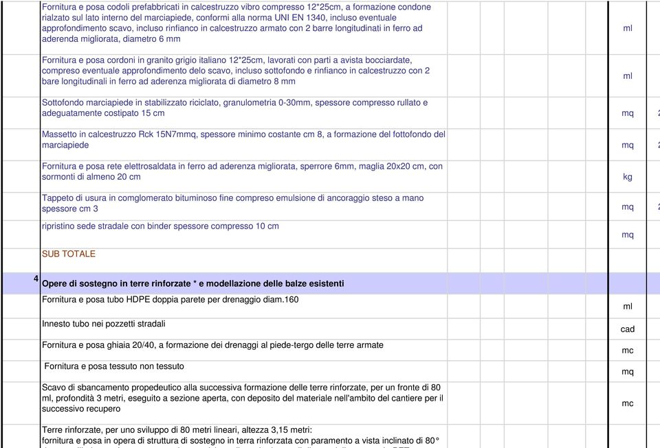 lavorati con parti a avista bocciardate, compreso eventuale approfondimento delo scavo, incluso sottofondo e rinfianco in calcestruzzo con 2 bare longitudinali in ferro ad aderenza migliorata di