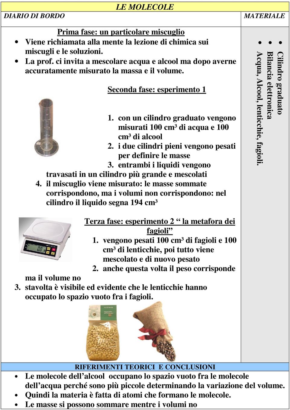 con un cilindro graduato vengono misurati 100 cm³ di acqua e 100 cm³ di alcool 2. i due cilindri pieni vengono pesati per definire le masse 3.