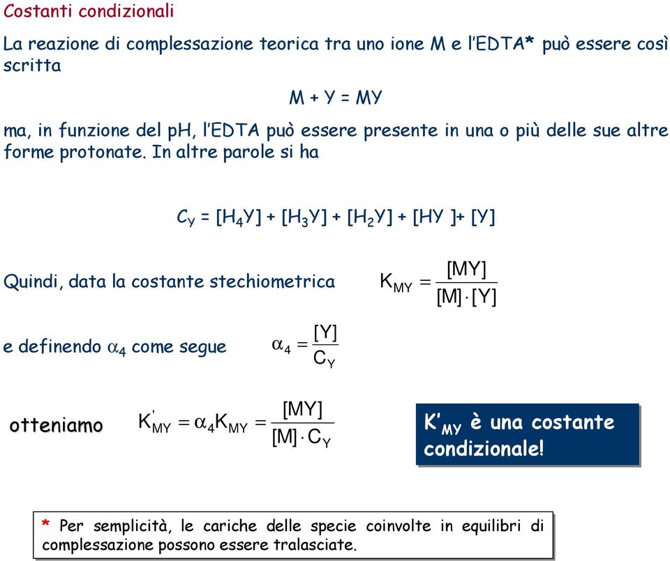 In altre parole si ha C Y = [H 4 Y] + [H 3 Y] + [H 2 Y] + [HY ]+ [Y] Quindi, data la costante stechiometrica K MY = [MY] [M] [Y] e definendo α 4