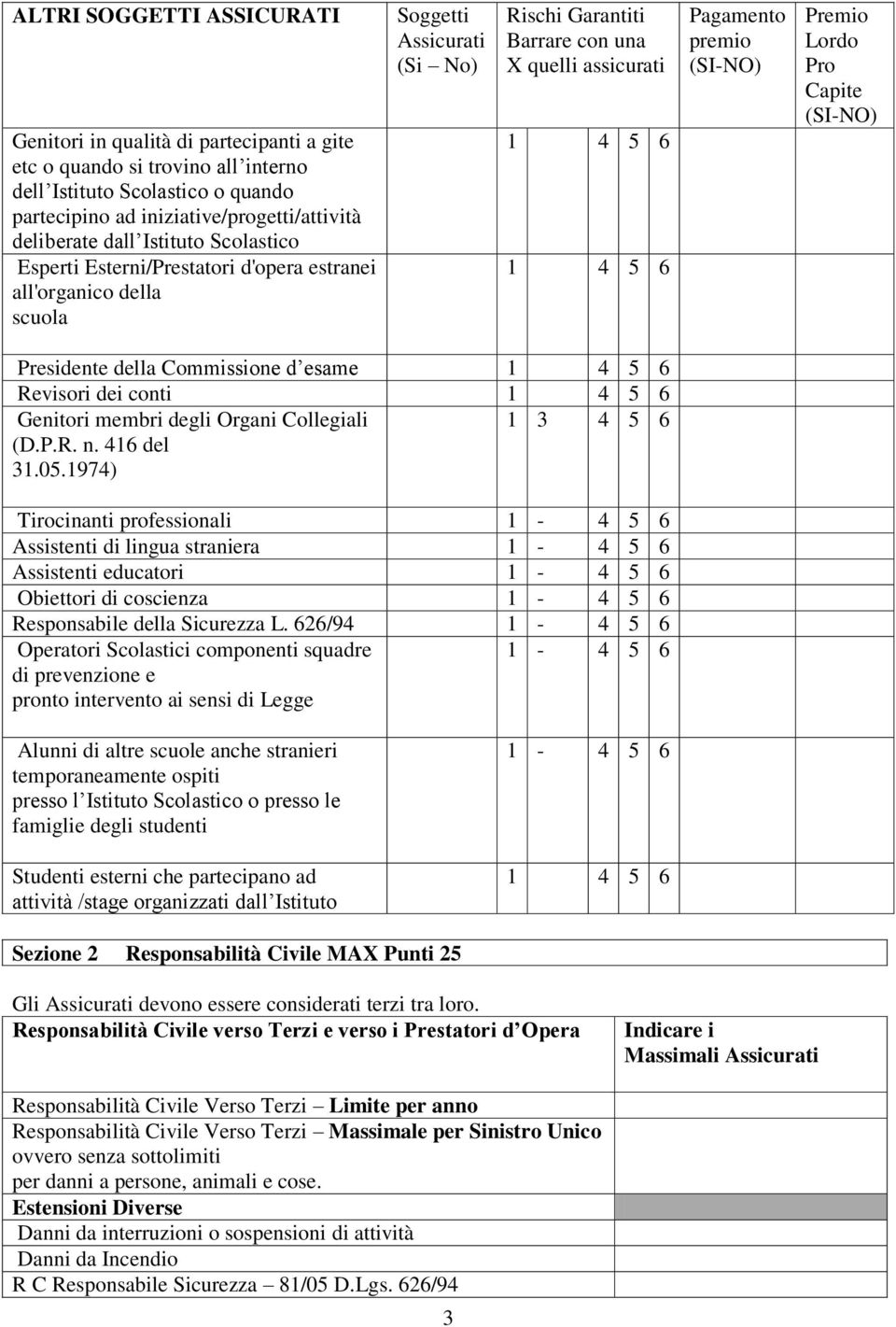 (SI-NO) Premio Lordo Pro Capite (SI-NO) Presidente della Commissione d esame 1 4 5 6 Revisori dei conti 1 4 5 6 Genitori membri degli Organi Collegiali (D.P.R. n. 416 del 31.05.