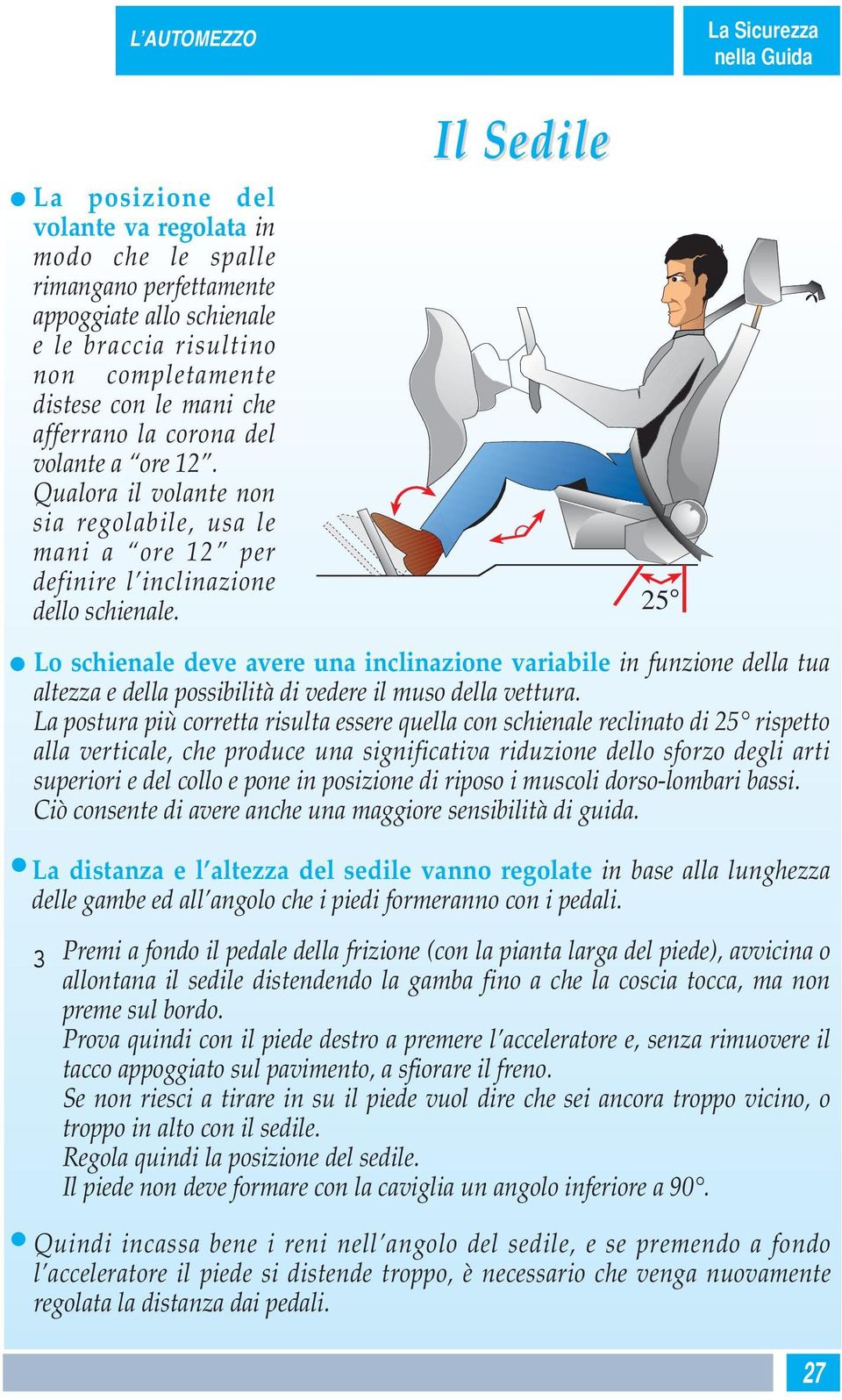 Il Sedile Lo schienale deve avere una inclinazione variabile in funzione della tua altezza e della possibilità di vedere il muso della vettura.