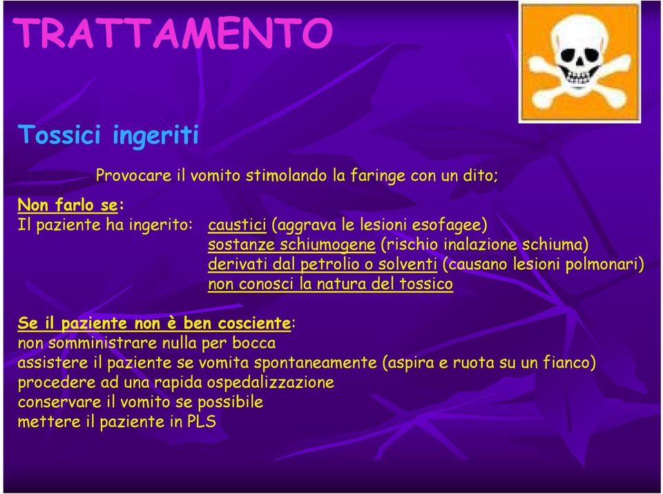 polmonari) non conosci la natura del tossico Se il paziente non èben cosciente: non somministrare nulla per bocca assistere il paziente