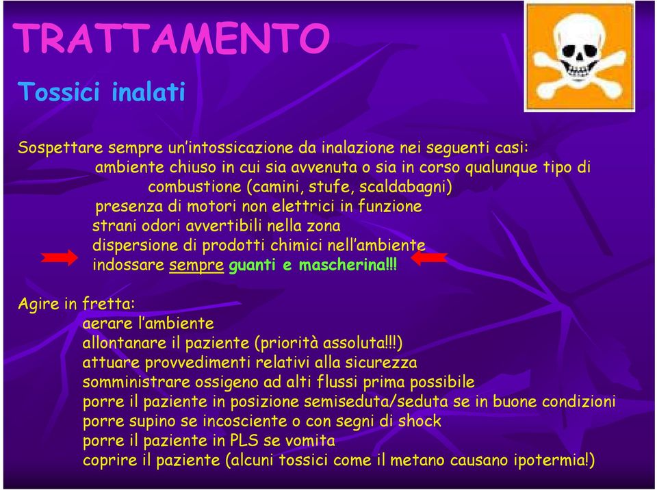 !! Agire in fretta: aerare l ambiente allontanare il paziente (priorità assoluta!