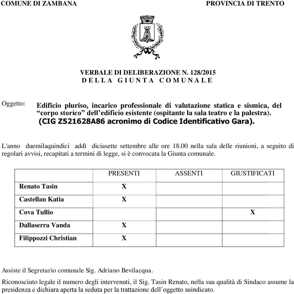 e la palestra). (CIG Z521628A86 acronimo di Codice Identificativo Gara). L'anno duemilaquindici addì diciasette settembre alle ore 18.