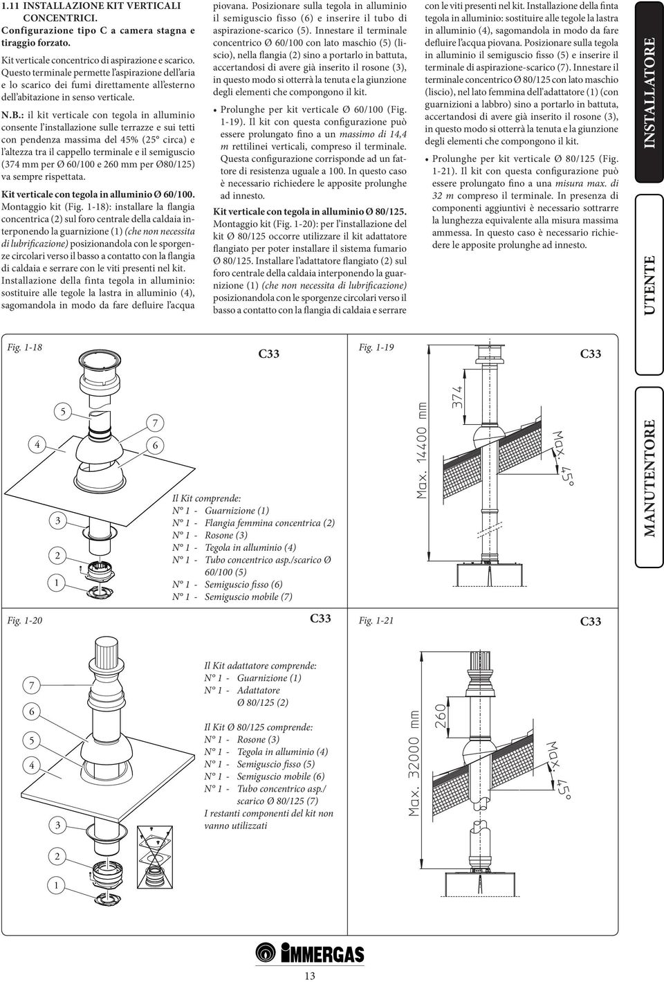 : il kit verticale con tegola in alluminio consente l installazione sulle terrazze e sui tetti con pendenza massima del 45% (25 circa) e l altezza tra il cappello terminale e il semiguscio (374 mm