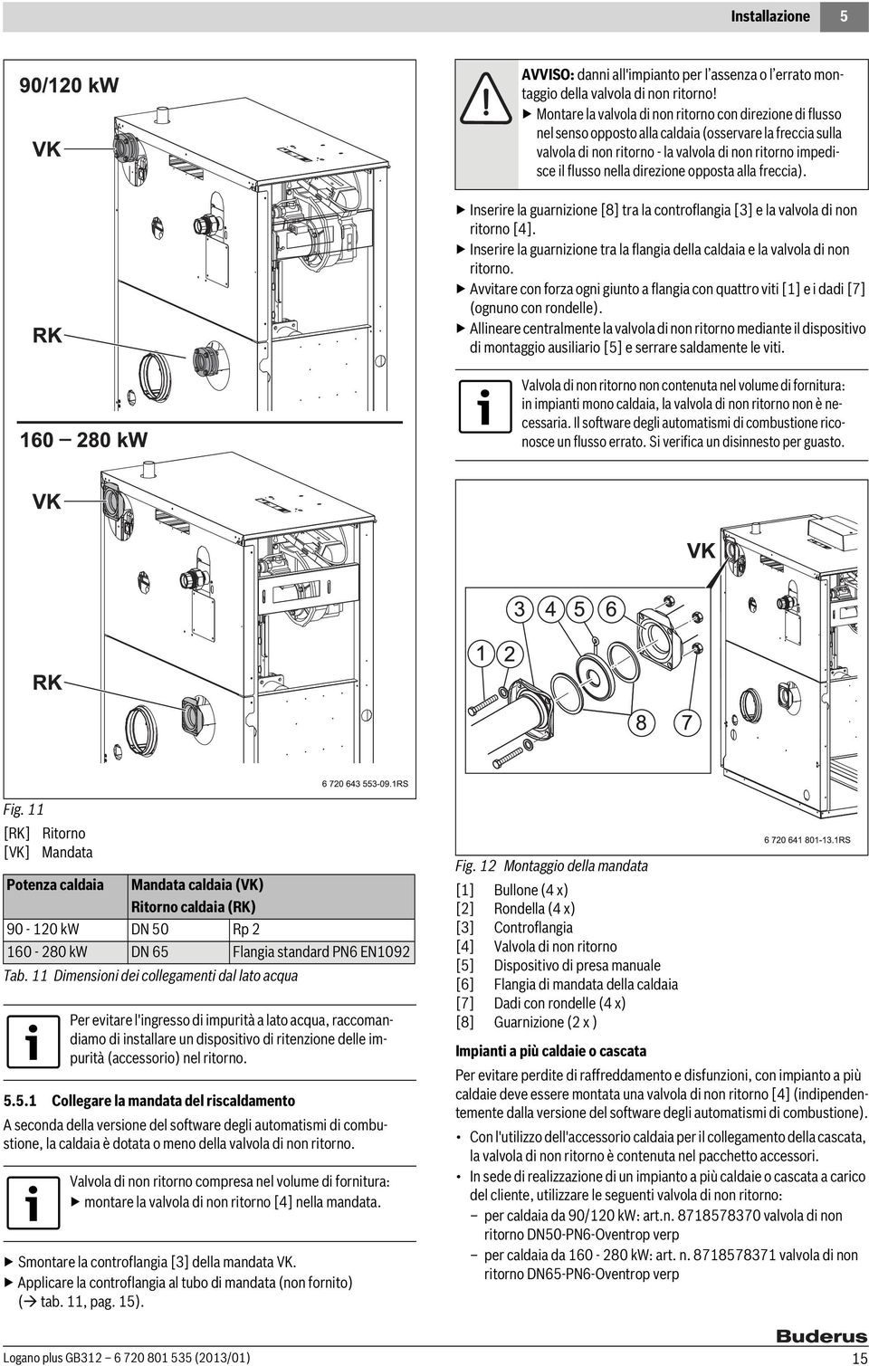 direzione opposta alla freccia). Inserire la guarnizione [8] tra la controflangia [3] e la valvola di non ritorno [4]. Inserire la guarnizione tra la flangia della caldaia e la valvola di non ritorno.