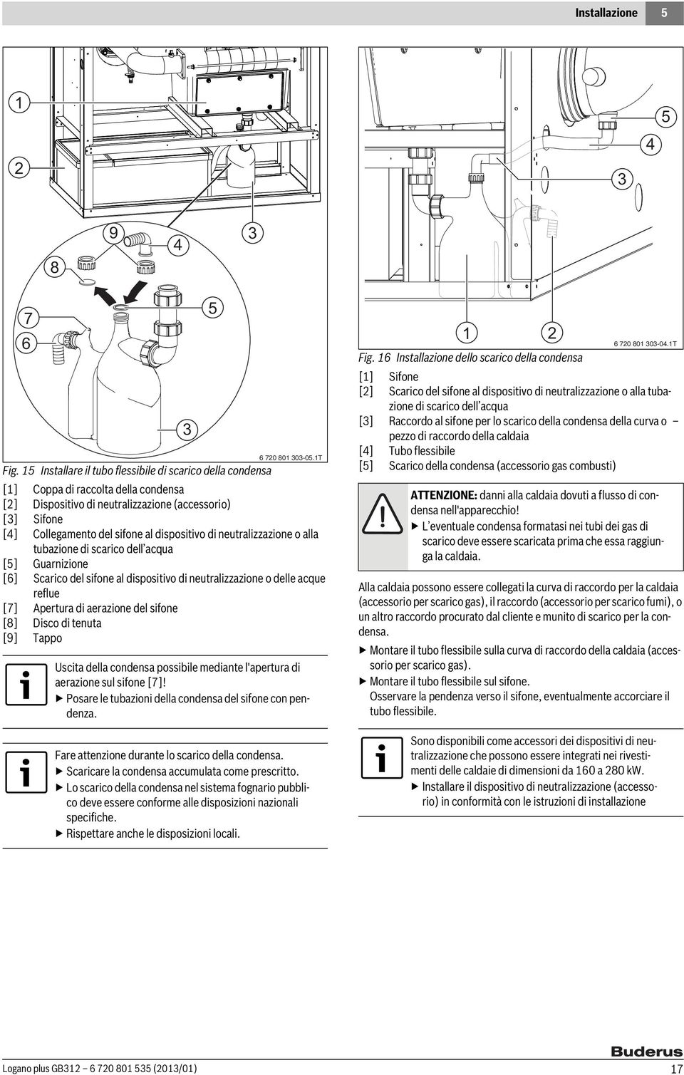 di neutralizzazione o alla tubazione di scarico dell acqua [5] Guarnizione [6] Scarico del sifone al dispositivo di neutralizzazione o delle acque reflue [7] Apertura di aerazione del sifone [8]