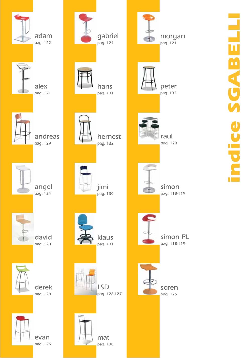 129 indice SGABELLI angel pag. 124 jimi pag. 130 simon pag. 118-119 david pag.