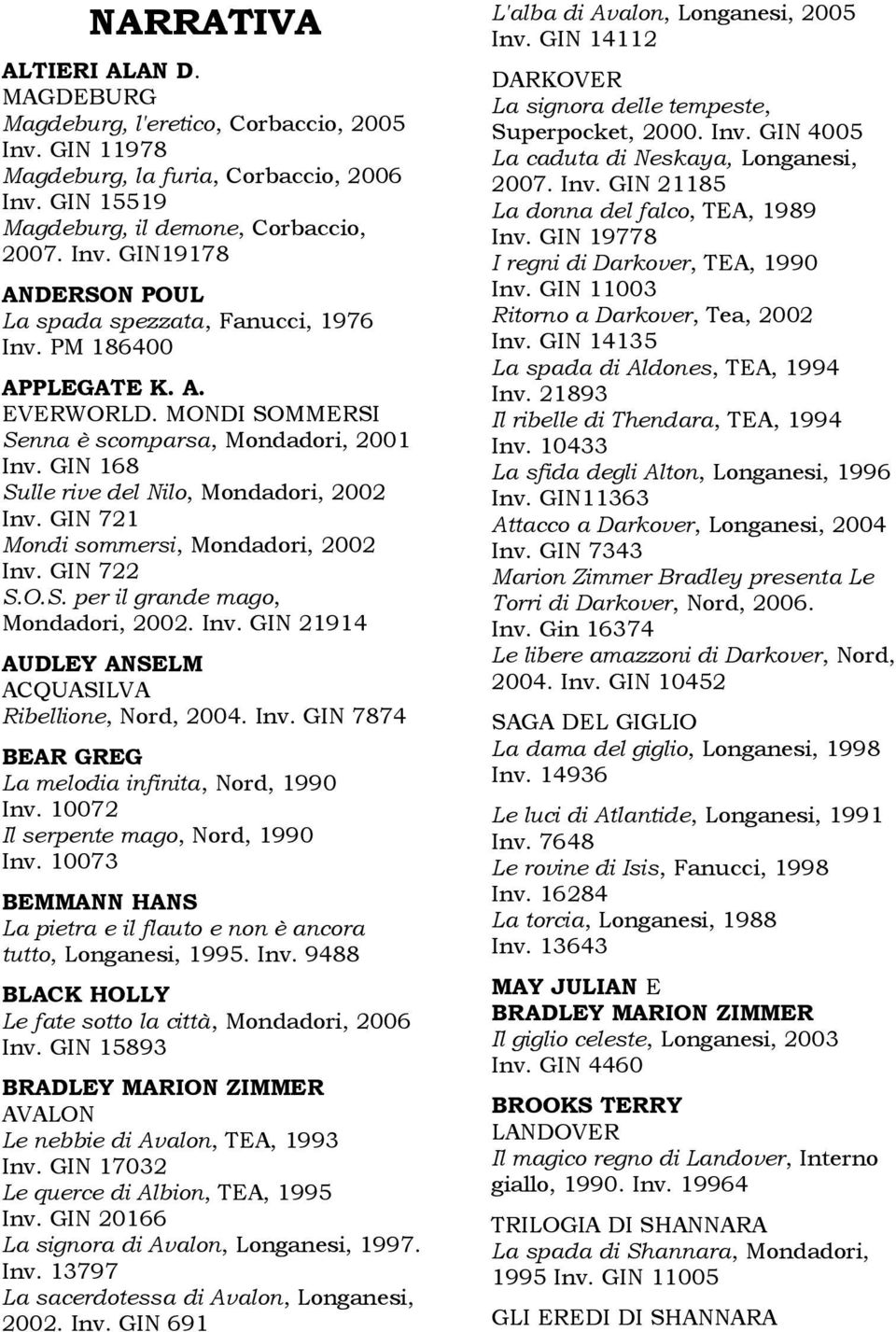 Inv. GIN 21914 AUDLEY ANSELM ACQUASILVA Ribellione, Nord, 2004. Inv. GIN 7874 BEAR GREG La melodia infinita, Nord, 1990 Inv. 10072 Il serpente mago, Nord, 1990 Inv.