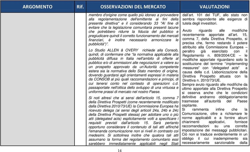 Lo Studio ALLEN & OVERY richiede alla Consob, quindi, di confermare che la normativa applicabile alla pubblicità diffusa in Italia nell'ambito di offerte al pubblico e/o di ammissioni alle