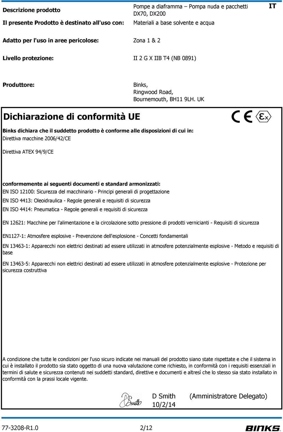 UK Dichiarazione di conformità UE Binks dichiara che il suddetto prodotto è conforme alle disposizioni di cui in: Direttiva macchine 2006/42/CE Direttiva ATEX 94/9/CE conformemente ai seguenti