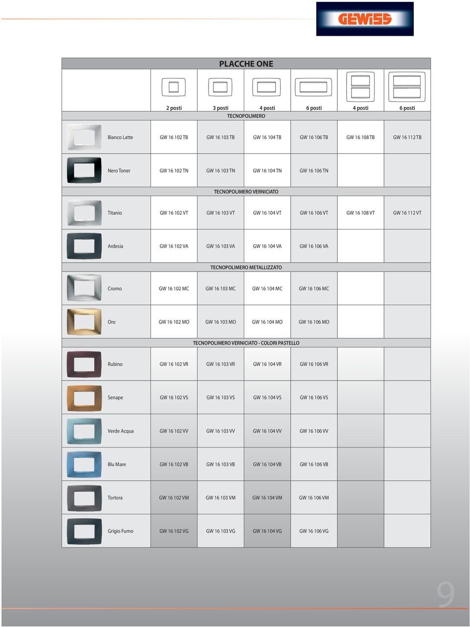 TECNOPOLIMERO METALLIZZATO Cromo GW 16 102 mc GW 16 103 mc GW 16 104 mc GW 16 106 mc oro GW 16 102 mo GW 16 103 mo GW 16 104 mo GW 16 106 mo TECNOPOLIMERO VERNICIATO - COLORI PASTELLO Rubino GW 16