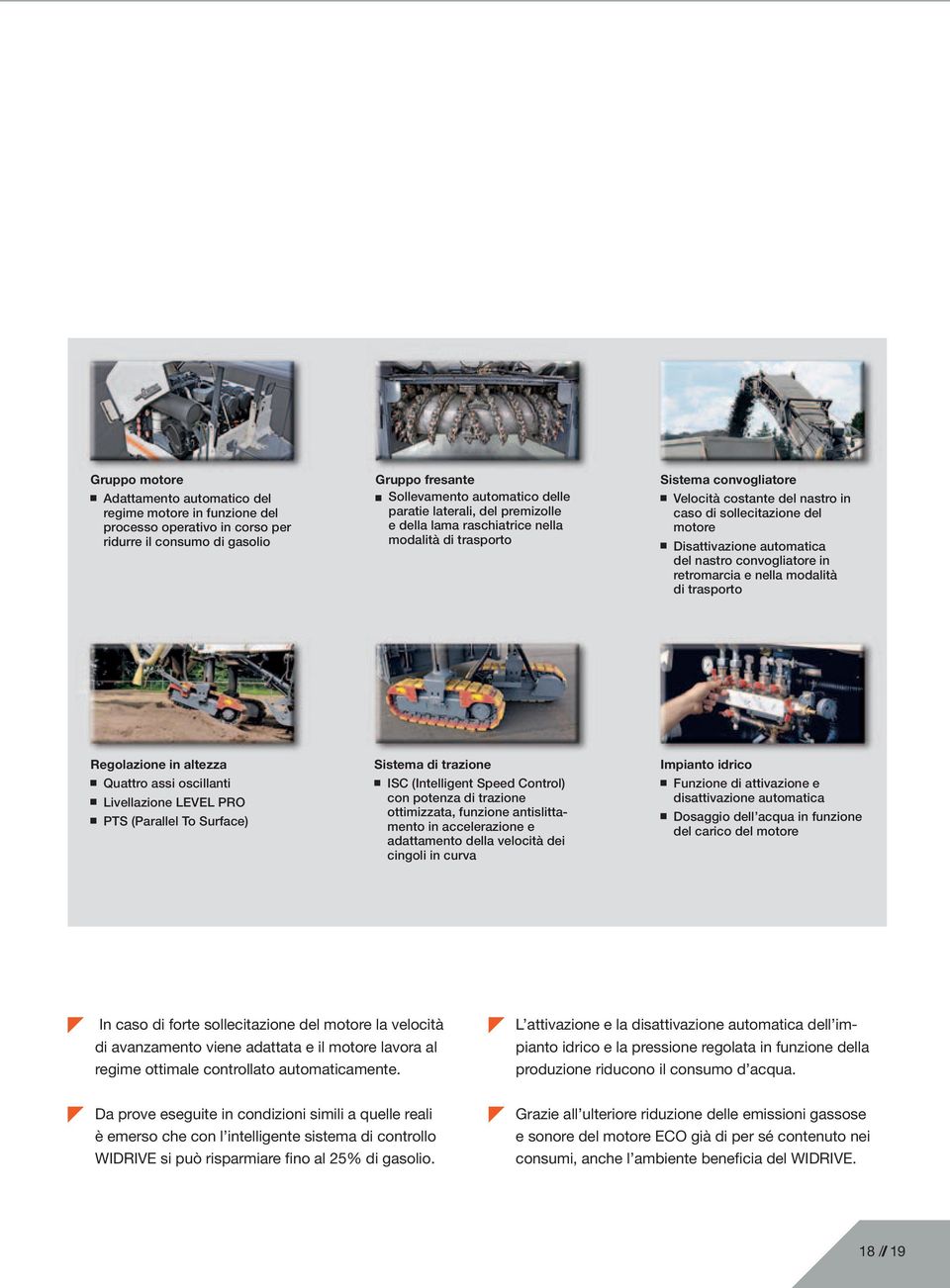 convogliatore in retromarcia e nella modalità di trasporto Regolazione in altezza Quattro assi oscillanti Livellazione LEVEL PRO PTS (Parallel To Surface) Sistema di trazione ISC (Intelligent Speed