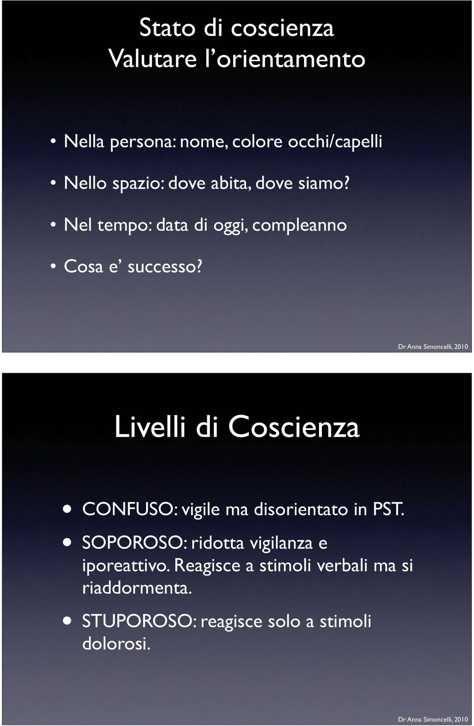 Livelli di Coscienza CONFUSO: vigile ma disorientato in PST.