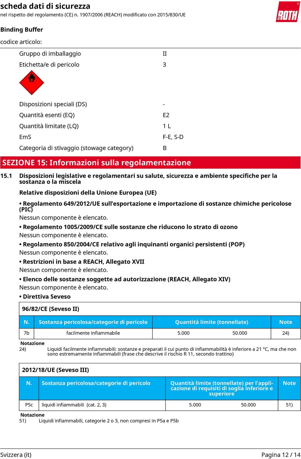 1 Disposizioni legislative e regolamentari su salute, sicurezza e ambiente specifiche per la sostanza o la miscela Relative disposizioni della Unione Europea (UE) Regolamento 649/2012/UE sull