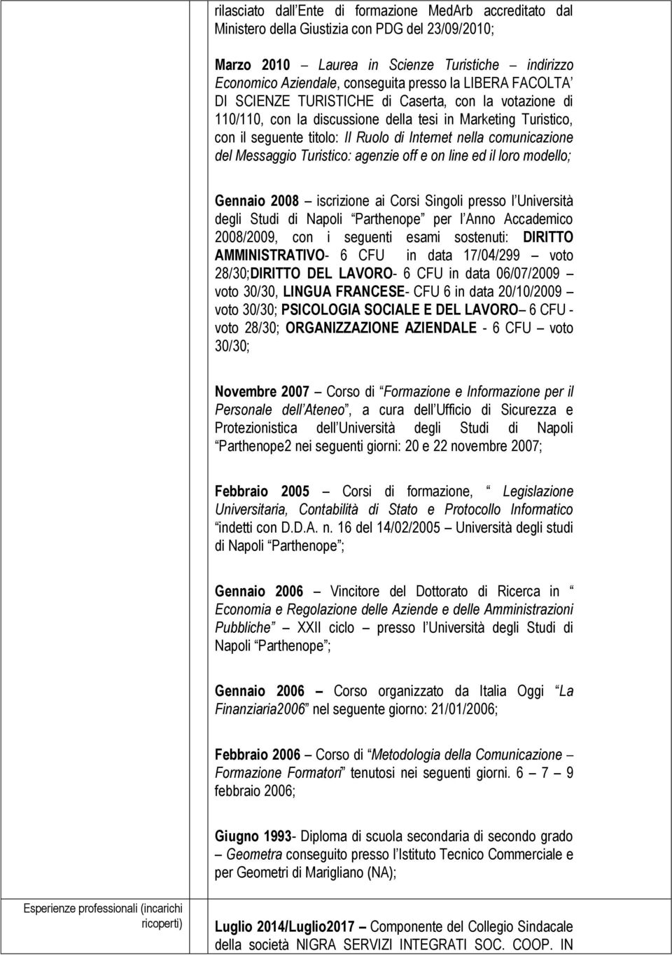 del Messaggio Turistico: agenzie off e on line ed il loro modello; Gennaio 2008 iscrizione ai Corsi Singoli presso l Università degli Studi di Napoli Parthenope per l Anno Accademico 2008/2009, con i