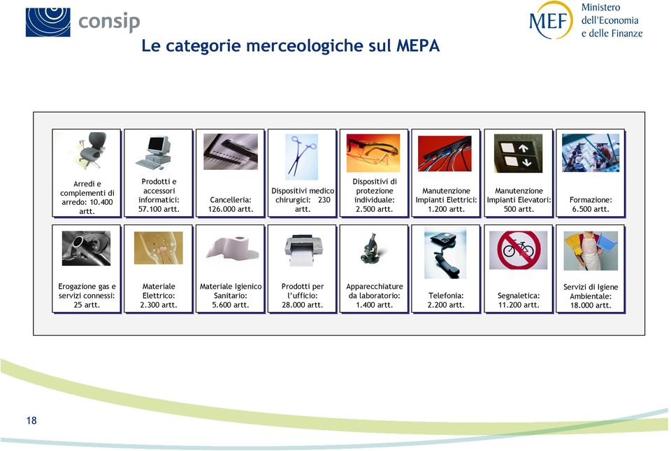 Manutenzione Impianti Elevatori: 500 artt. Formazione: 6.500 artt. Erogazione gas e servizi connessi: 25 artt. Materiale Elettrico: 2.300 artt.