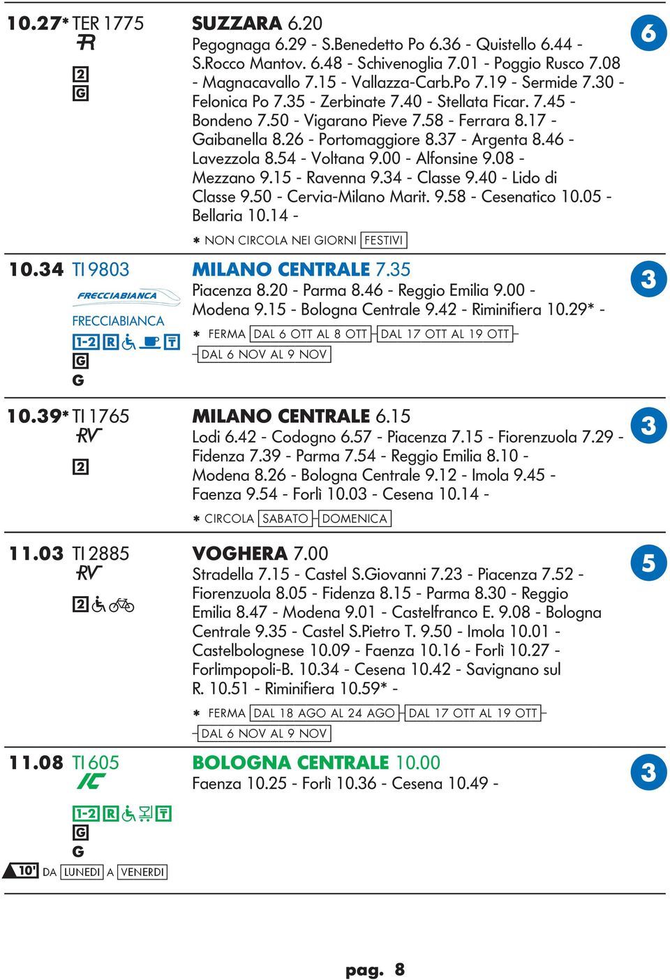 00 - lfonsine 9.08 - Mezzano 9.15 - Ravenna 9.34 - lasse 9.40 - ido di lasse 9.50 - ervia-milano Marit. 9.58 - esenatico 10.05 - Bellaria 10.14 - * NON IRO NEI IORNI [festivi] 10.