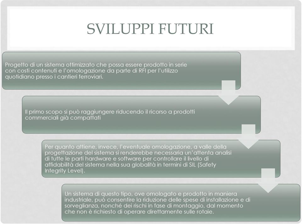 renderebbe necessaria un attenta analisi di tutte le parti hardware e software per controllare il livello di affidabilità del sistema nella sua globalità in termini di SIL (Safety Integrity Level).