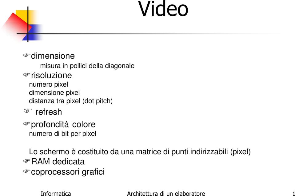 di bit per pixel Lo schermo è costituito da una matrice di punti indirizzabili