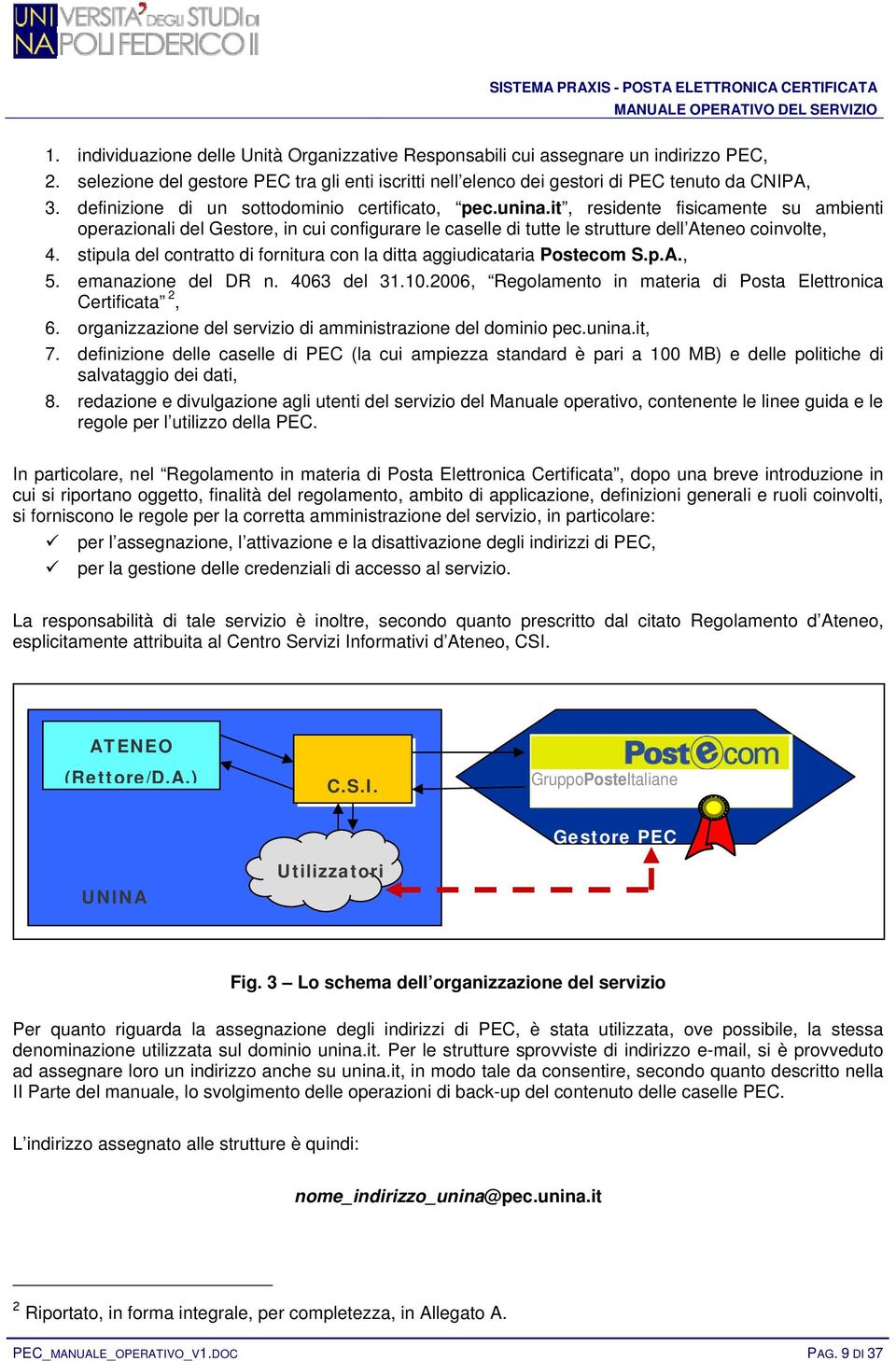 stipula del contratto di fornitura con la ditta aggiudicataria Postecom S.p.A., 5. emanazione del DR n. 4063 del 31.10.2006, Regolamento in materia di Posta Elettronica Certificata 2, 6.