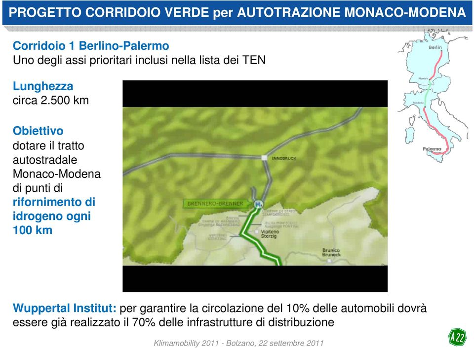 500 km Obiettivo dotare il tratto autostradale Monaco-Modena di punti di rifornimento di idrogeno ogni