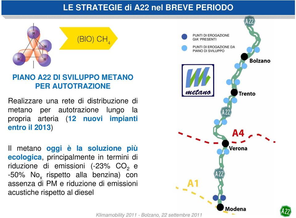 arteria (12 nuovi impianti entro il 2013) Il metano oggi è la soluzione più ecologica, principalmente in termini di