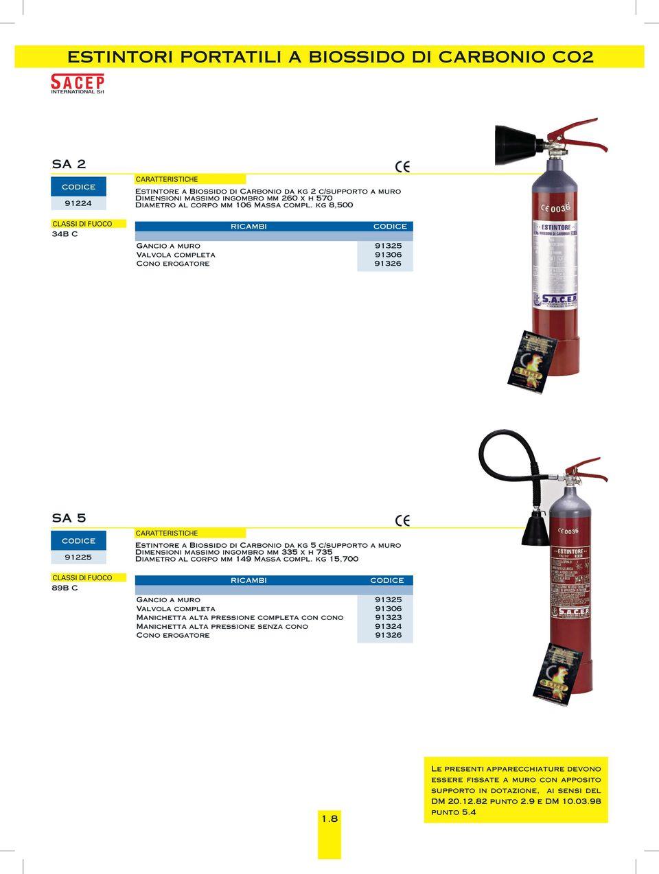 kg 8,500 34B C Valvola completa 91306 Cono erogatore 91326 SA 5 91225 Estintore a Biossido di Carbonio da kg 5 c/supporto a muro Dimensioni massimo ingombro mm 335 x h 735