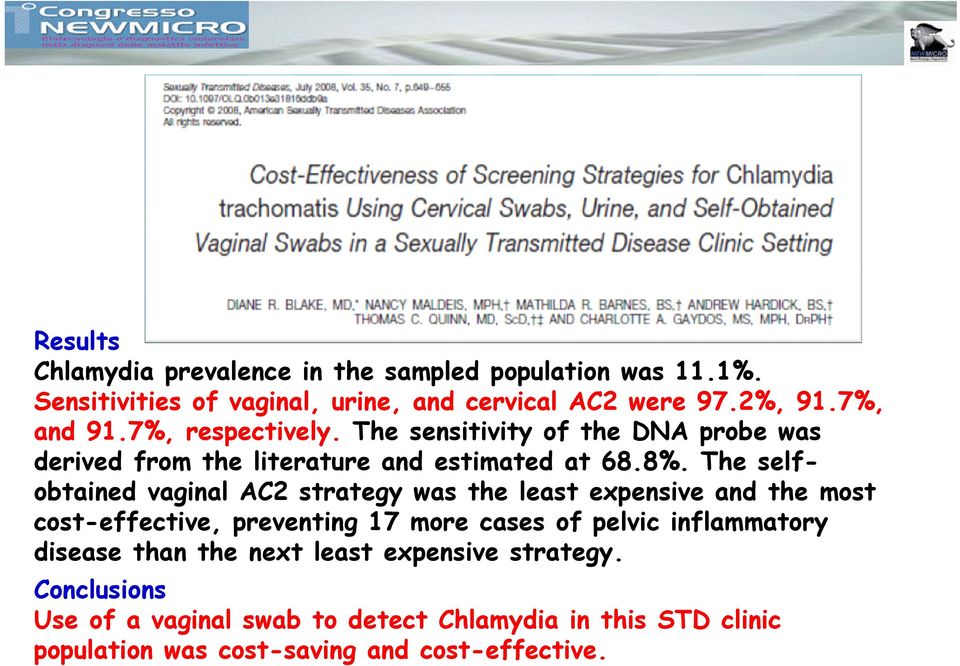 The selfobtained vaginal AC2 strategy was the least expensive and the most cost-effective, preventing 17 more cases of pelvic inflammatory