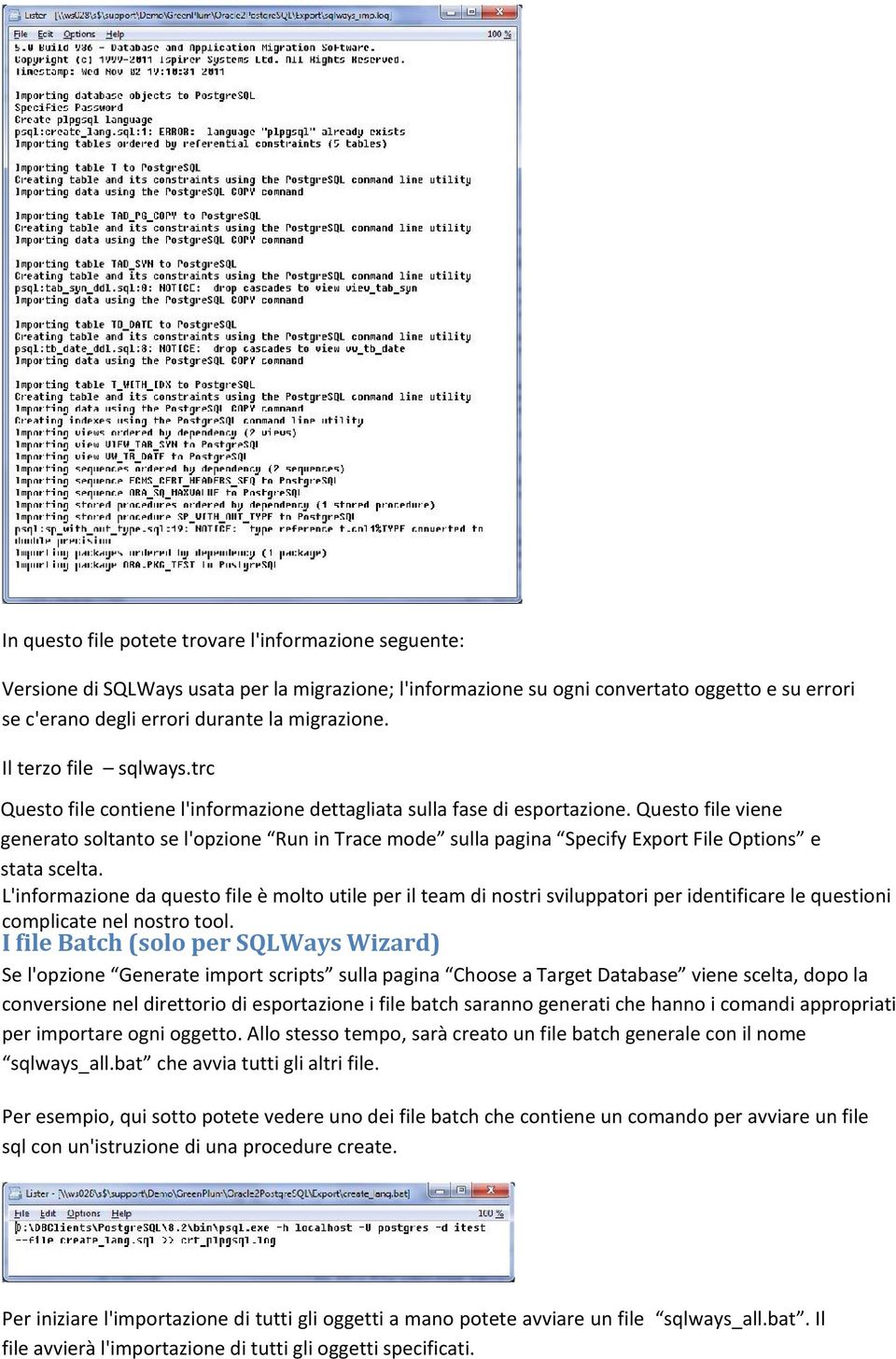 Questo file viene generato soltanto se l'opzione Run in Trace mode sulla pagina Specify Export File Options e stata scelta.