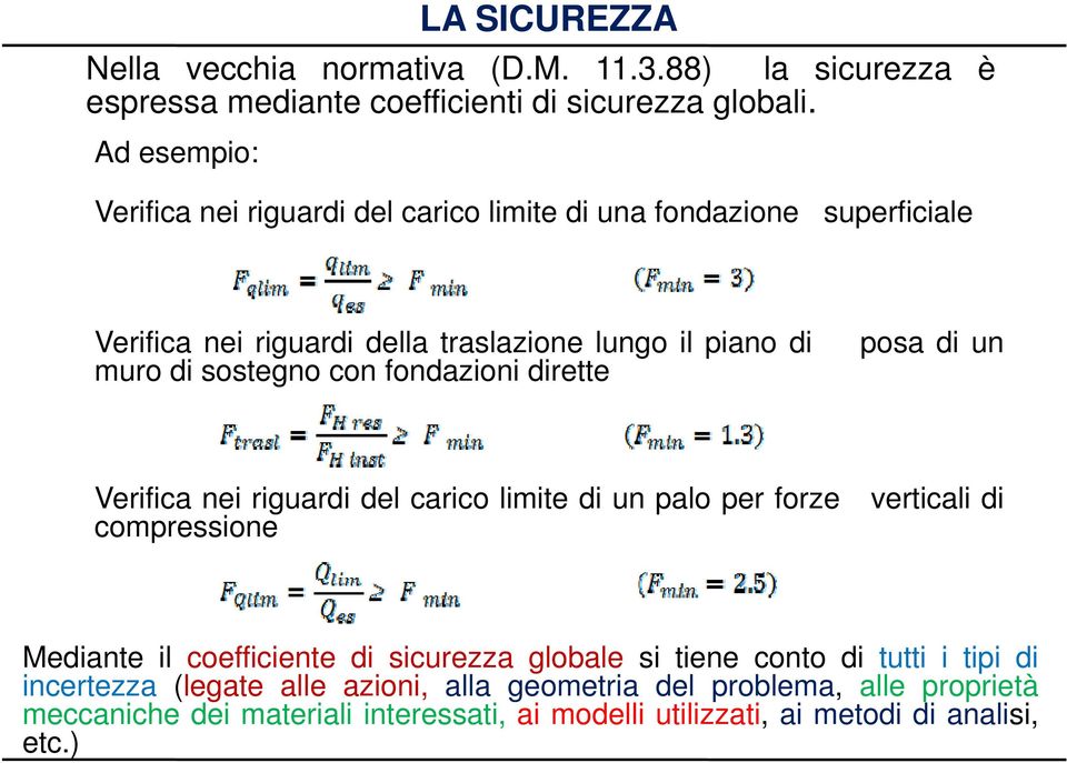 con fondazioni dirette posa di un Verifica nei riguardi del carico limite di un palo per forze compressione verticali di Mediante il coefficiente di sicurezza