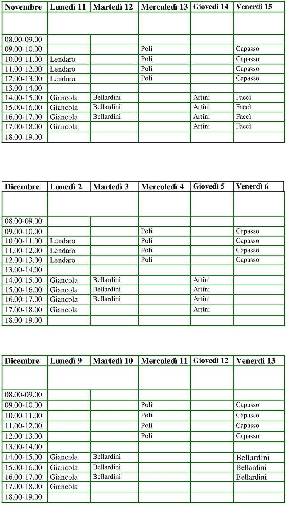 00 Giancola Bellardini Artini Faccì Giancola Bellardini Artini Faccì Giancola Artini Faccì Dicembre Lunedì 2 Martedì 3 Mercoledì 4 Giovedì 5 Venerdì 6 09.00-10.00 Poli Capasso 10.00-11.
