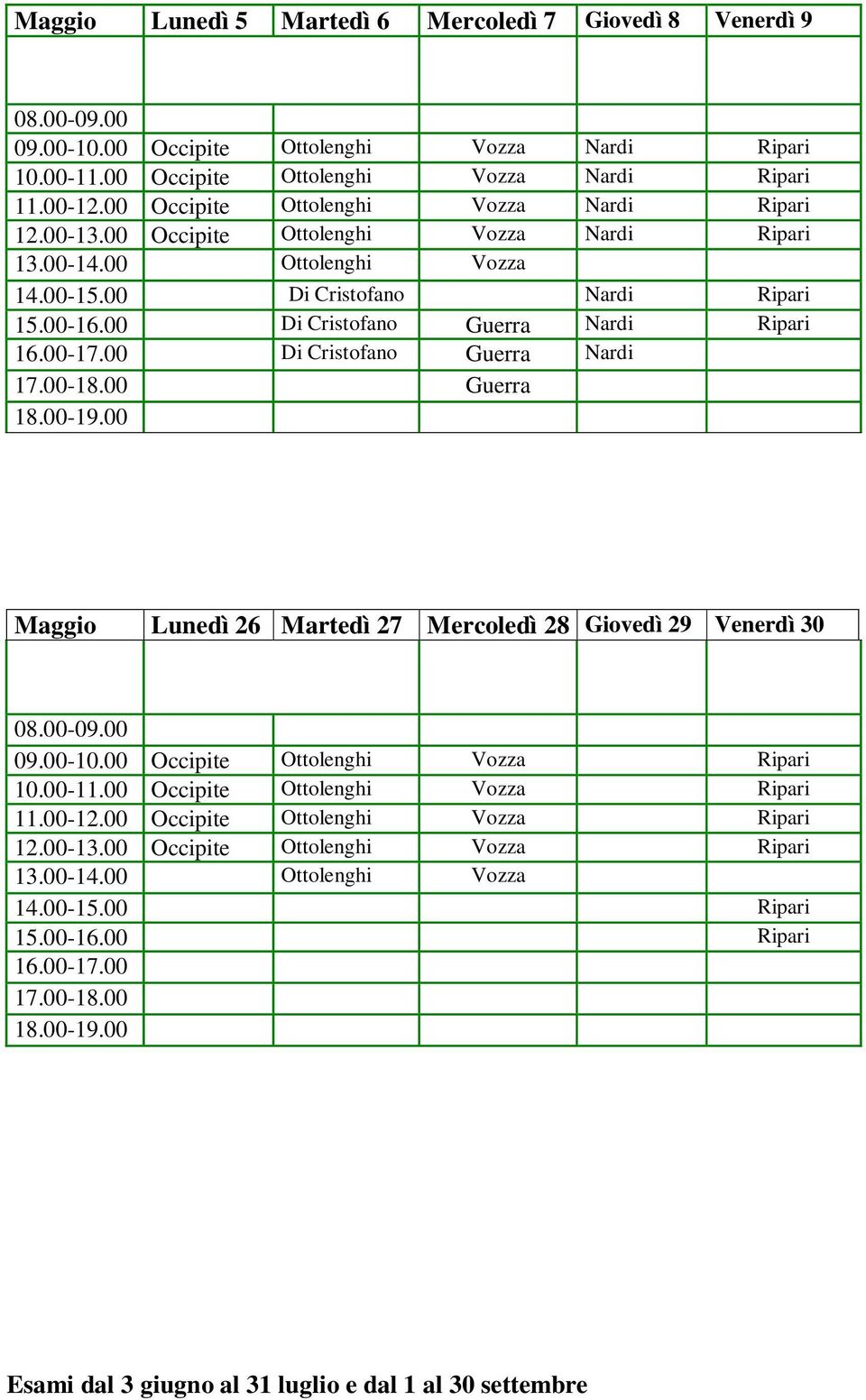 00 Di Cristofano Guerra Nardi Ripari Di Cristofano Guerra Nardi Guerra Maggio Lunedì 26 Martedì 27 Mercoledì 28 Giovedì 29 Venerdì 30 09.00-10.00 Occipite Ottolenghi Vozza Ripari 10.00-11.
