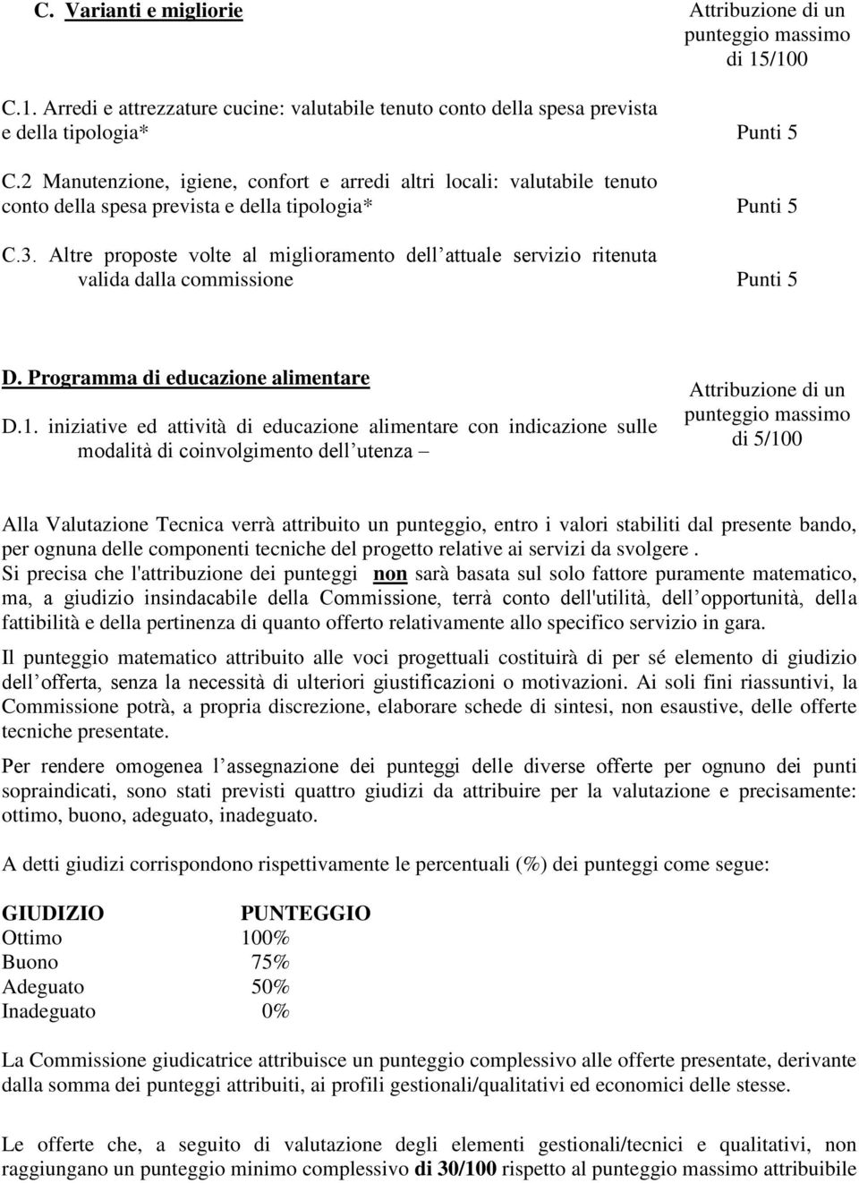 Altre proposte volte al miglioramento dell attuale servizio ritenuta valida dalla commissione Punti 5 D. Programma di educazione alimentare D.1.