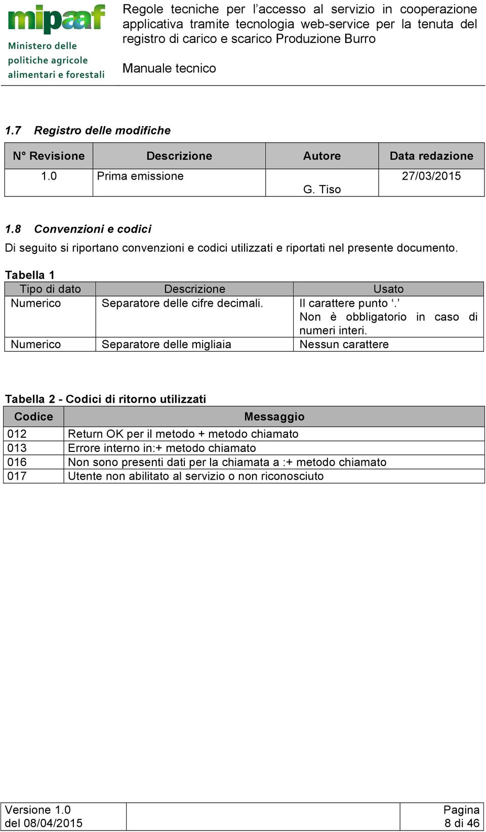 Tabella 1 Tipo di dato Descrizione Usato Numerico Separatore delle cifre decimali. Il carattere punto. Non è obbligatorio in caso di numeri interi.