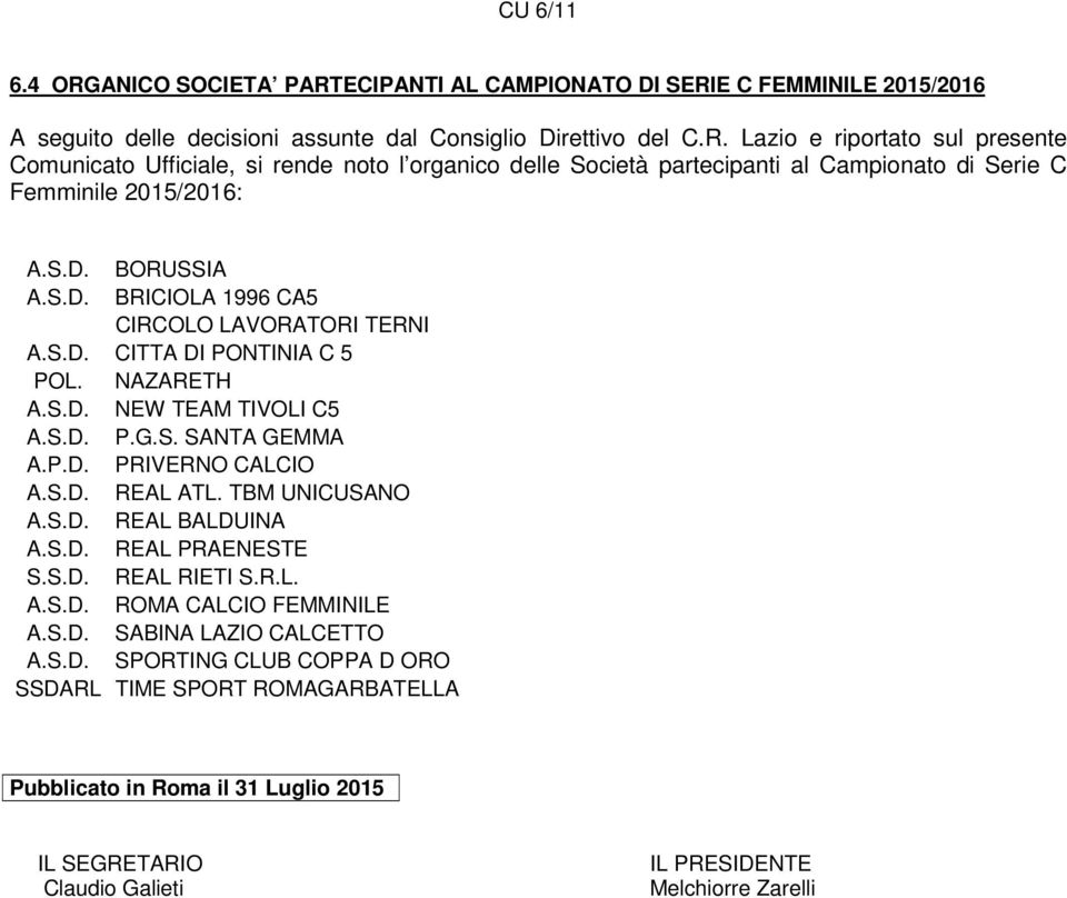 TBM UNICUSANO A.S.D. REAL BALDUINA A.S.D. REAL PRAENESTE S.S.D. REAL RIETI S.R.L. A.S.D. ROMA CALCIO FEMMINILE A.S.D. SABINA LAZIO CALCETTO A.S.D. SPORTING CLUB COPPA D ORO SSDARL TIME SPORT ROMAGARBATELLA Pubblicato in Roma il 31 Luglio 2015 IL SEGRETARIO Claudio Galieti IL PRESIDENTE Melchiorre Zarelli