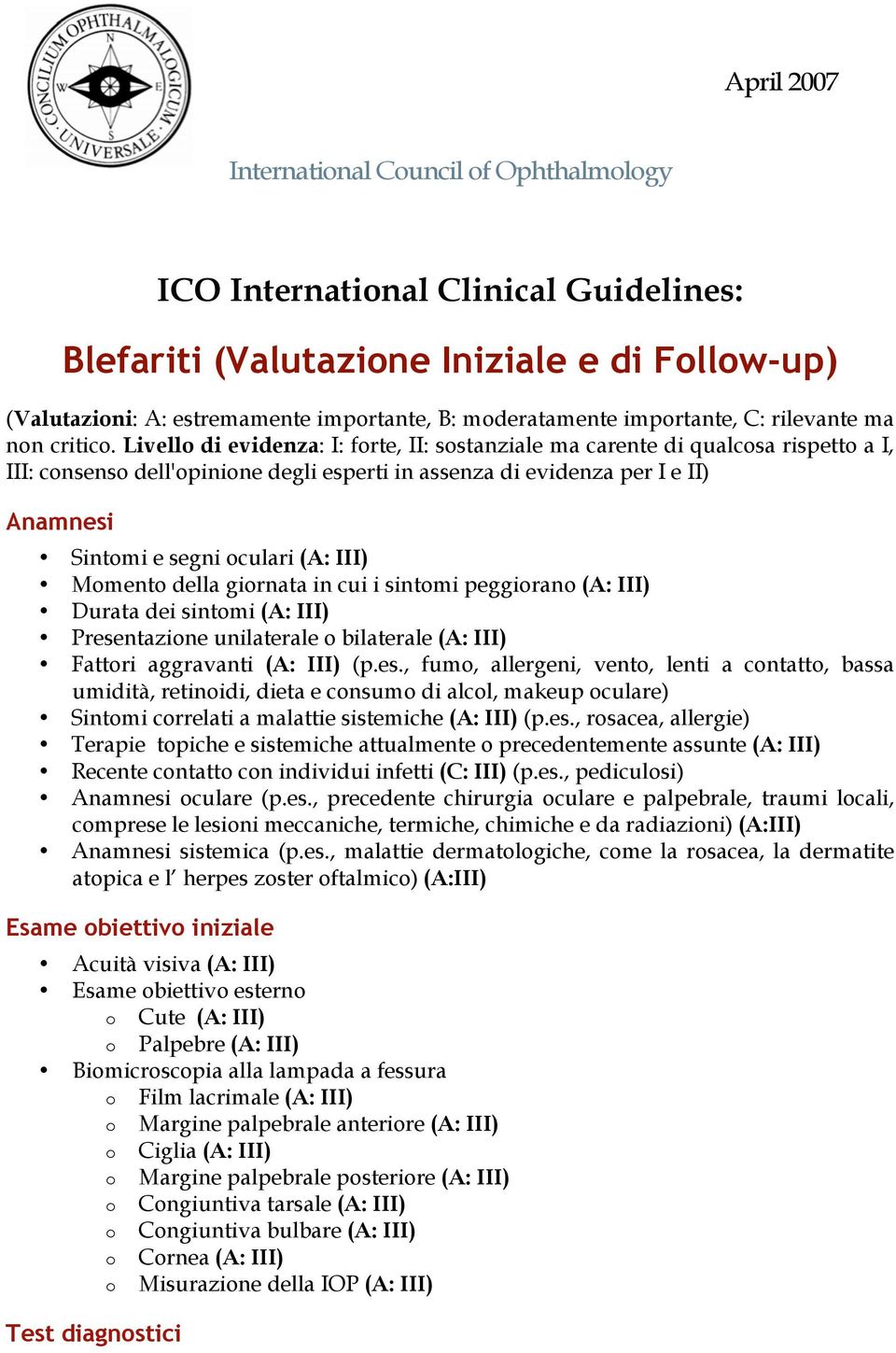 Livello di evidenza: I: forte, II: sostanziale ma carente di qualcosa rispetto a I, III: consenso dell'opinione degli esperti in assenza di evidenza per I e II) Anamnesi Sintomi e segni oculari (A: