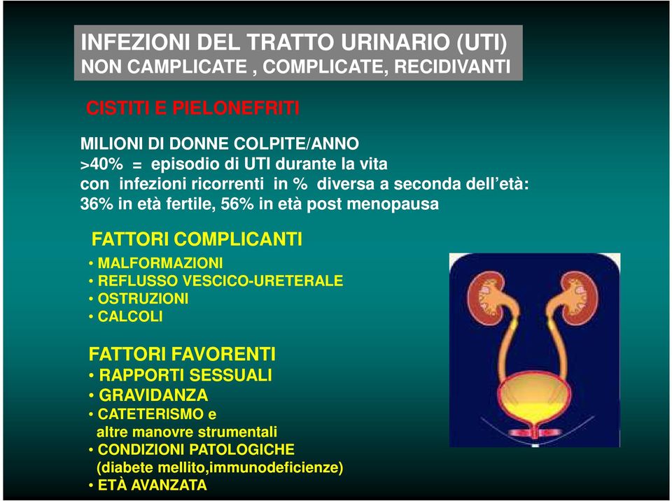 fertile, 56% in età post menopausa FATTORI COMPLICANTI MALFORMAZIONI REFLUSSO VESCICO-URETERALE OSTRUZIONI CALCOLI FATTORI