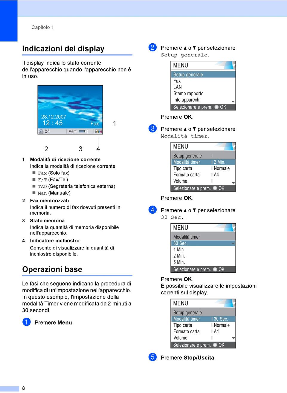 Fax (Solo fax) F/T (Fax/Tel) TAD (Segreteria telefonica esterna) Man (Manuale) 2 Fax memorizzati Indica il numero di fax ricevuti presenti in memoria.