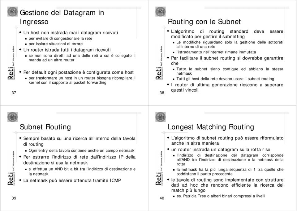 con il supporto al packet forwarding 38 Routing con le Subnet L algoritmo di routing standard deve essere modificato per gestire il subnetting Le modifiche riguardano solo la gestione delle sottoreti
