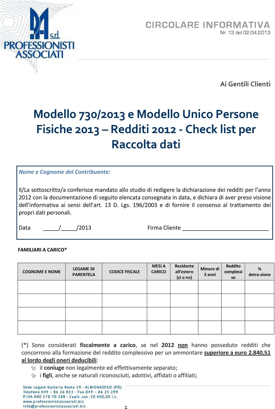 Lgs. 196/2003 e di fornire il consenso al trattamento dei propri dati personali.