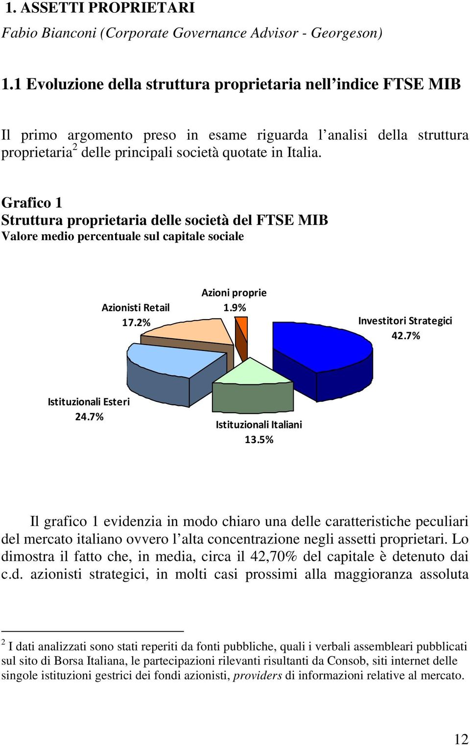 Grafico 1 Struttura proprietaria delle società del FTSE MIB Valore medio percentuale sul capitale sociale Azionisti Retail 17.2% Azioni proprie 1.9% Investitori Strategici 42.